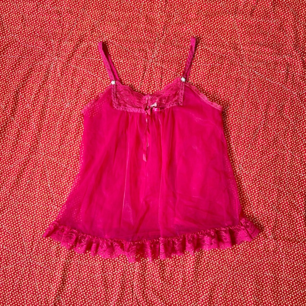 Adonna Vintage Hot Pink Sheer Lace Babydoll Cami Top Medium 1970s Coquette